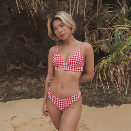 red gingham check triangle bikini tops
