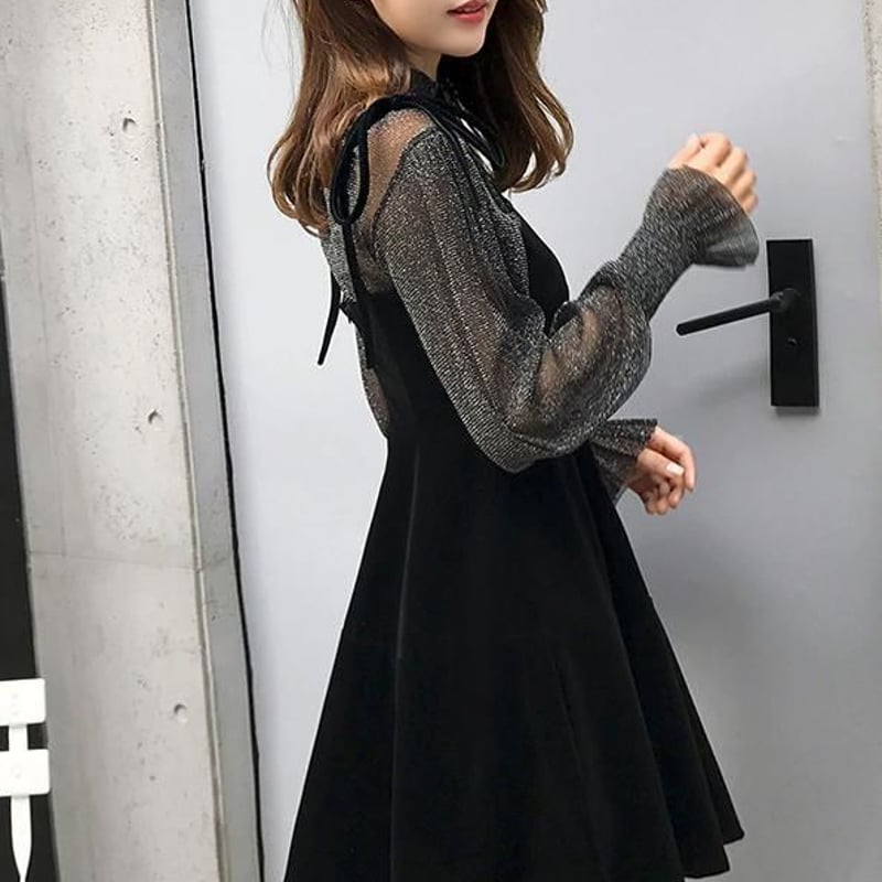 シースルー パフスリーブシャツ ベロアワンピース ベルベット ミニ  