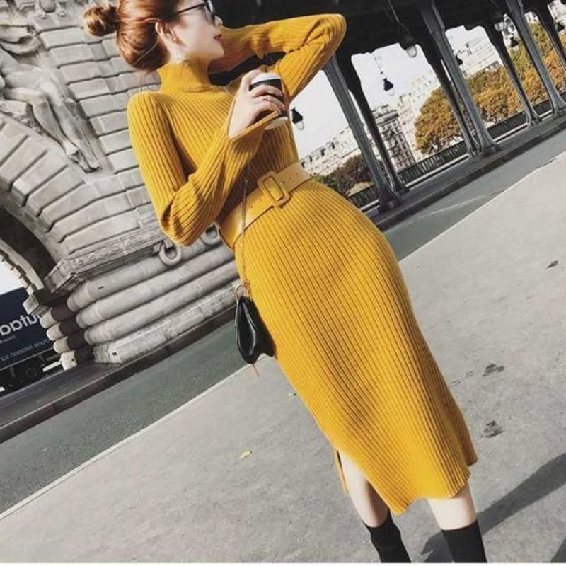 美品✨Curensology タートルネックニットワンピース　イエロー Beautiful Cotton＞混 裏起毛！タートルネック