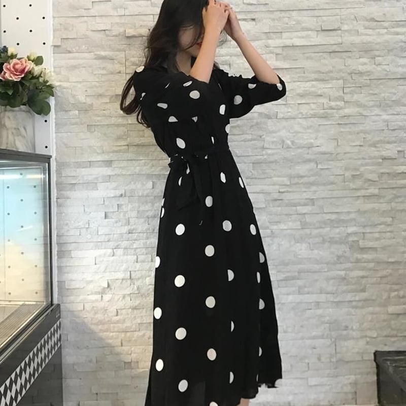 ドットワンピース ロングワンピース 七分袖 水玉 ウエストリボン