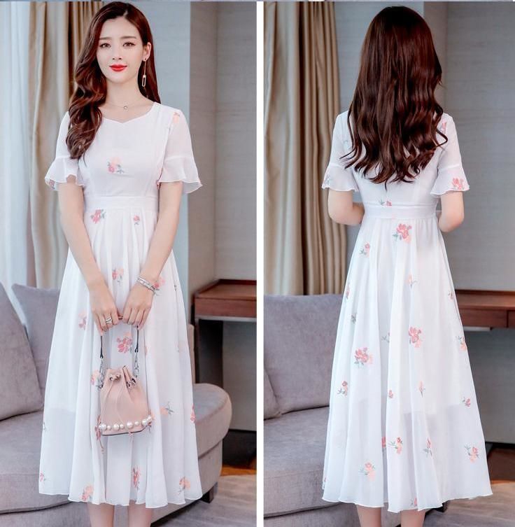 花柄刺繍シフォンワンピース 半袖 Aライン Vネック きれいめ 花柄刺繍シフォンワンピース 半袖 Aライン Vネック きれいめ