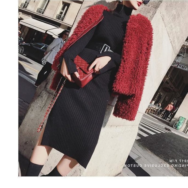 リブニットワンピース タートルネック 黒 ブラック ロング