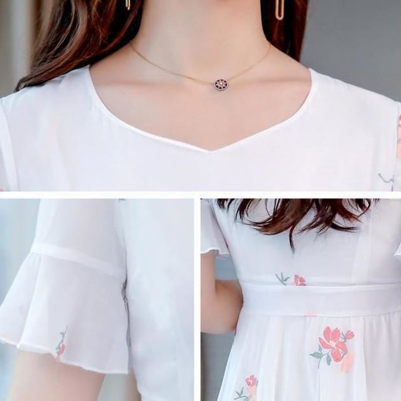 花柄刺繍シフォンワンピース 半袖 Aライン Vネック きれいめ