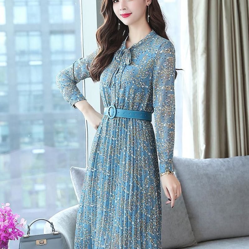 45R シャツワンピース ロング丈 花柄 小花 ブルー系 size2 45R シャツワンピース ロング丈 花柄 小花 ブルー系 size2