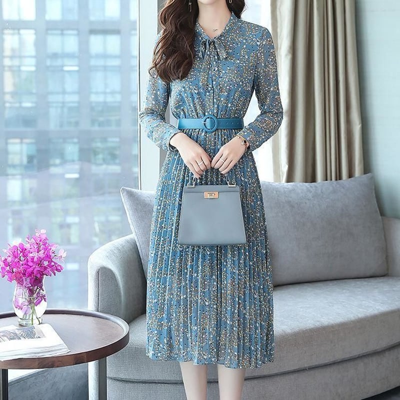 小花柄シフォンプリーツワンピース シャツワンピース フラワー