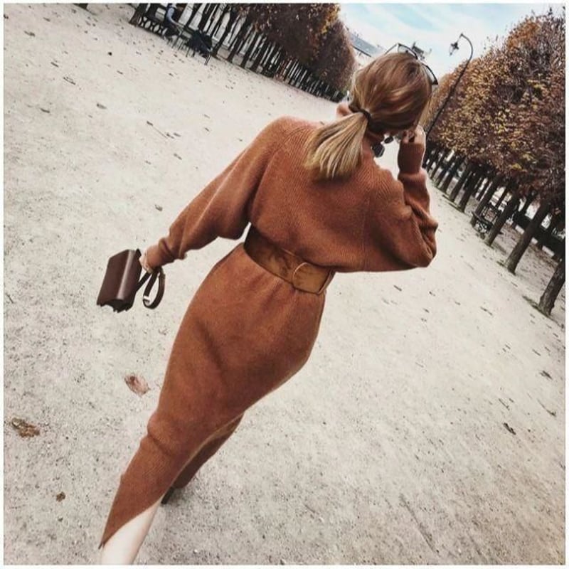 ゆるニット リブニットワンピース キャメル ブラウン ロング タイト