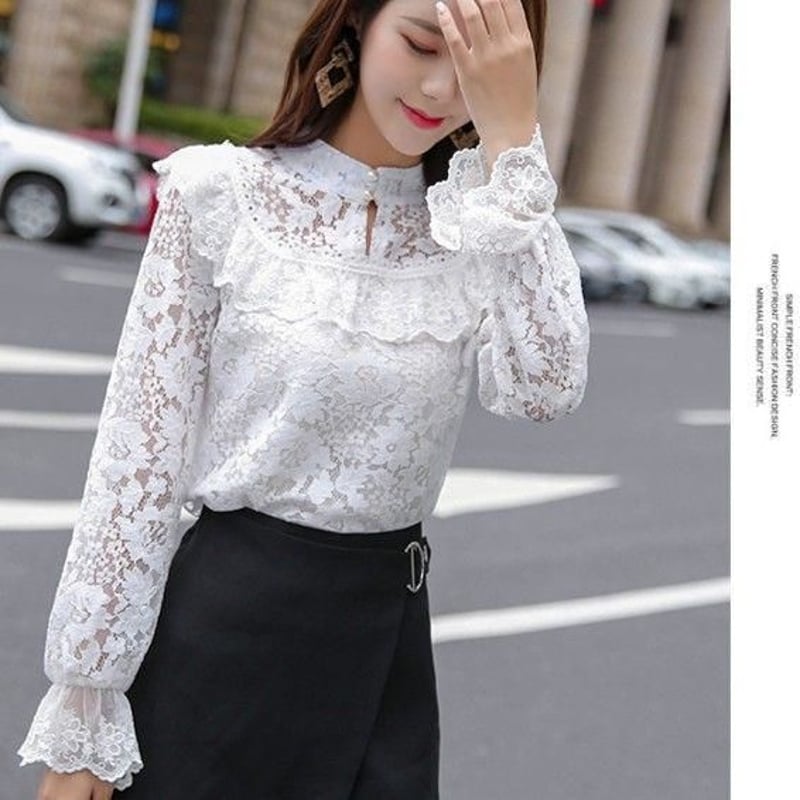 フリル レースブラウス フリル袖 ハイネック 長袖 白 ホワイト コーデ