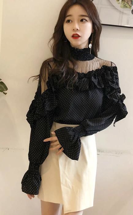 ドットブラウス フリルメッシュシースルー ハイネック