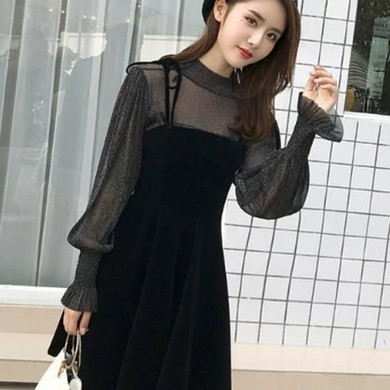 FENNELシースルーパフスリーブミニドレス ブラック シースルー パフスリーブシャツ ベロアワンピース ベルベット ミニ
