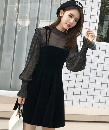 FENNELシースルーパフスリーブミニドレス ブラック シースルー パフスリーブシャツ ベロアワンピース ベルベット ミニ