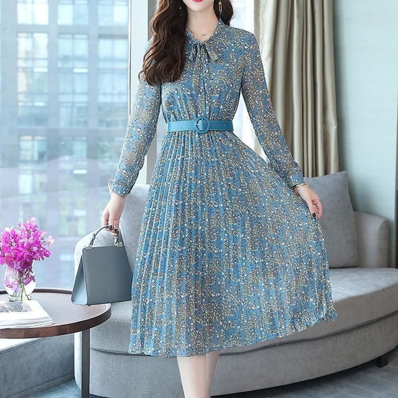 45R シャツワンピース ロング丈 花柄 小花 ブルー系 size2 45R シャツワンピース ロング丈 花柄 小花 ブルー系 size2