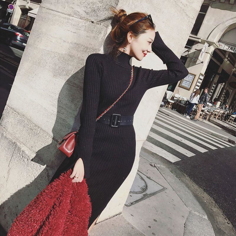 リブニットワンピース タートルネック 黒 ブラック ロング