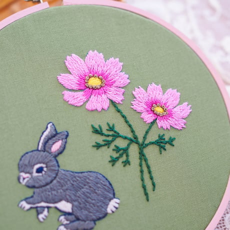 刺繍原画『コスモスとうさぎ』