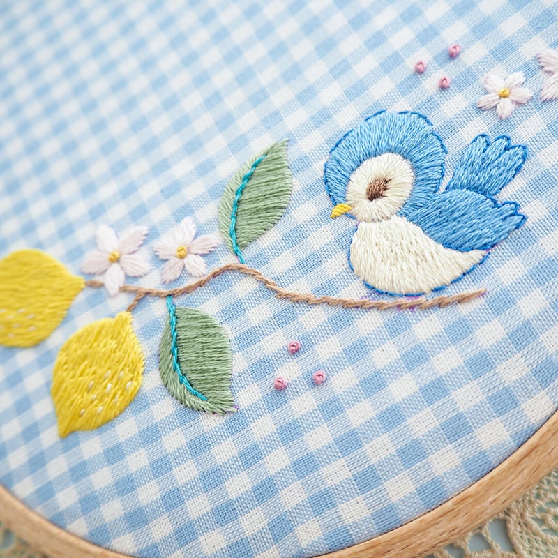 PDF刺繍図案「レモンと歌う、青い小鳥」 | spica-pika