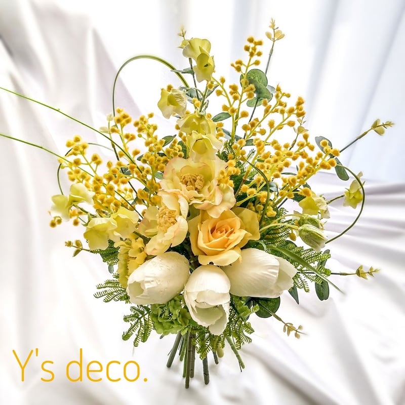 高級造花 ウェディングブーケ/ミモザ チューリップ パステル イエロー