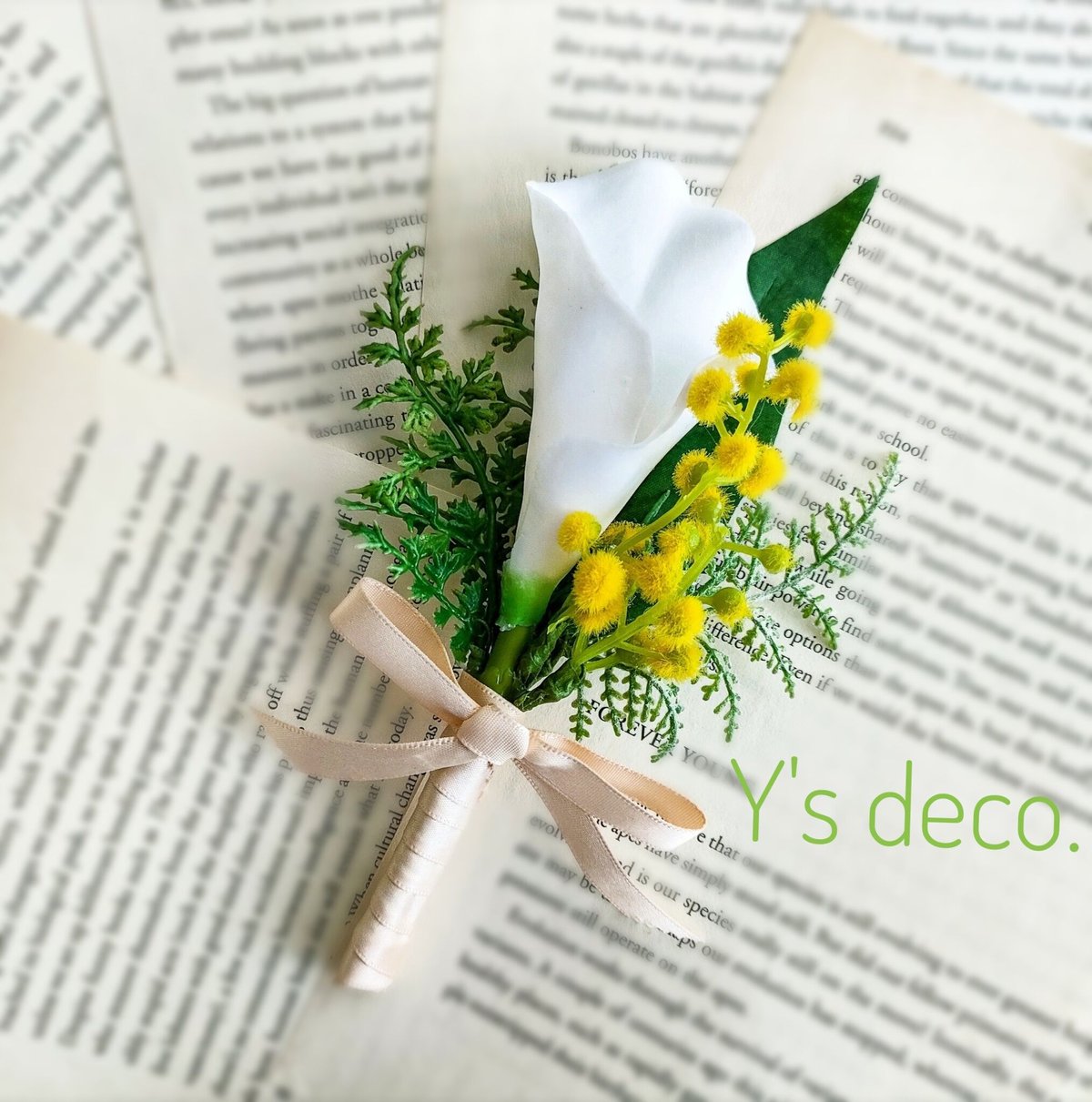 造花 ミモザ カラーのウェディングブーケ/生花に見える 高級造花