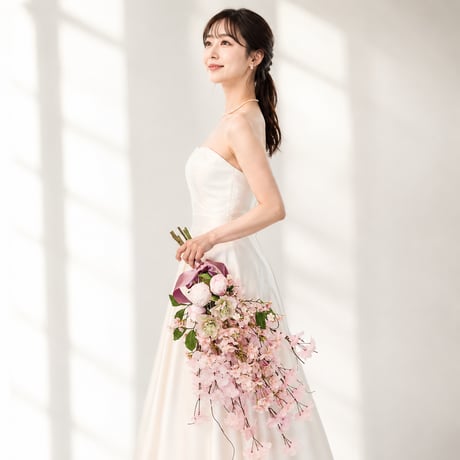 高級造花 桜 ふわり ウェディングブーケ/生花に見える さくらのウェディングブーケ  ピンク ピオニー クリスマスローズ ブートニア 付 造花ブーケ 春 ウェディングブーケ