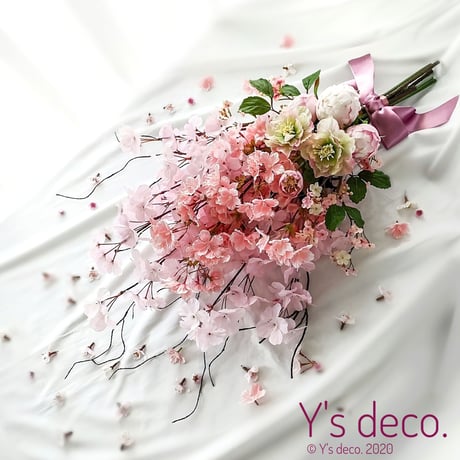 高級造花 桜 ふわり ウェディングブーケ/生花に見える さくらのウェディングブーケ  ピンク ピオニー クリスマスローズ ブートニア 付 造花ブーケ 春 ウェディングブーケ