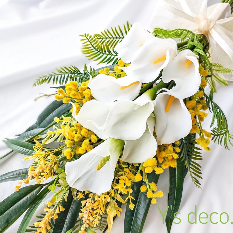 造花 ミモザ カラーのウェディングブーケ/生花に見える 高級造花