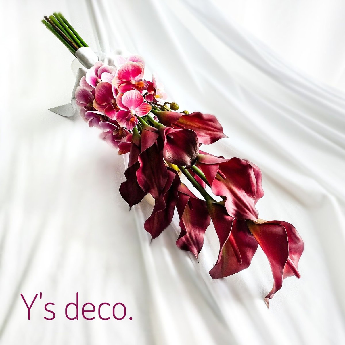 アームブーケ　ワイン　バーガンディ　ウェディングブーケ　造花　胡蝶蘭　カラー結婚 高級造花 ウェディングブーケ/ カラー 胡蝶蘭 ウェディング