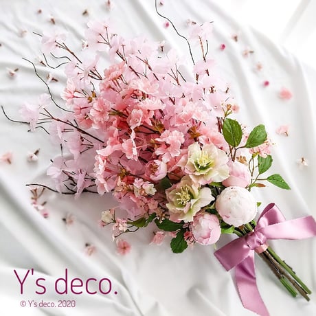 高級造花 桜 ふわり ウェディングブーケ/生花に見える さくらのウェディングブーケ  ピンク ピオニー クリスマスローズ ブートニア 付 造花ブーケ 春 ウェディングブーケ