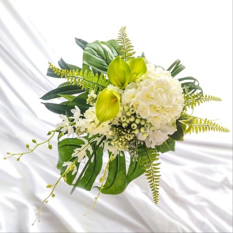高級造花 ウェディングブーケ/白 グリーン 紫陽花 ライラック カラー ウェディングブーケ 生花に見える高級造花 ブートニア付