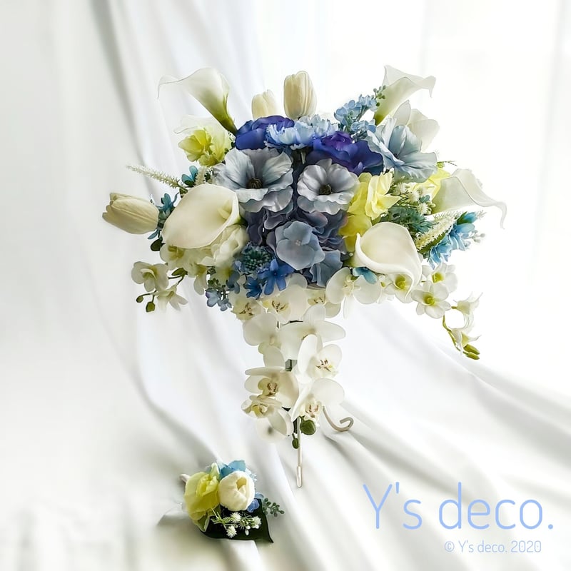 高級造花ウェディングブーケ/カラー 胡蝶蘭 アネモネのサムシング