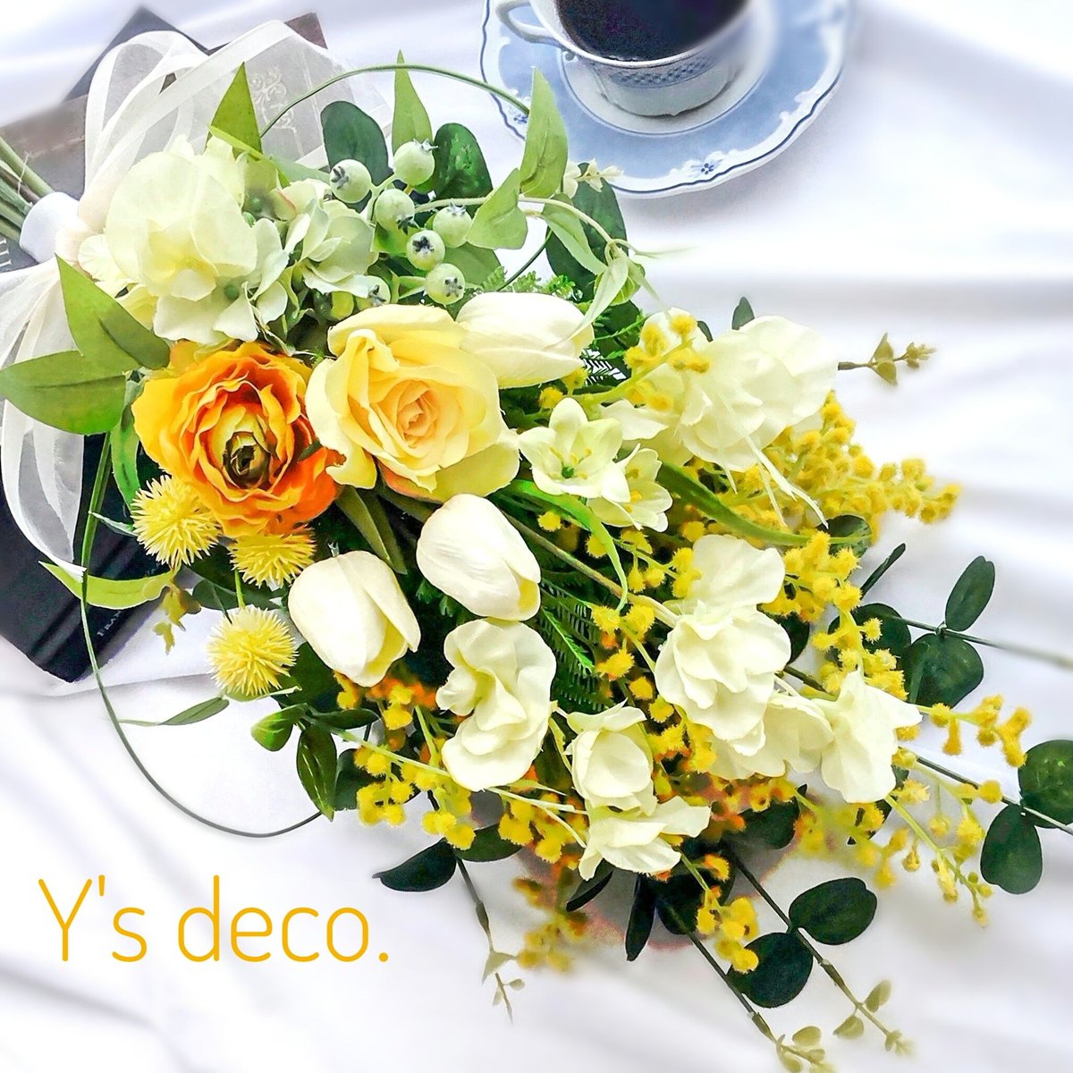 春待ちミモザとココフラワーでミルクティー色のスワッグ 春待ちミモザとココフラワーでミルクティー色のスワッグ 春待ちミモザと