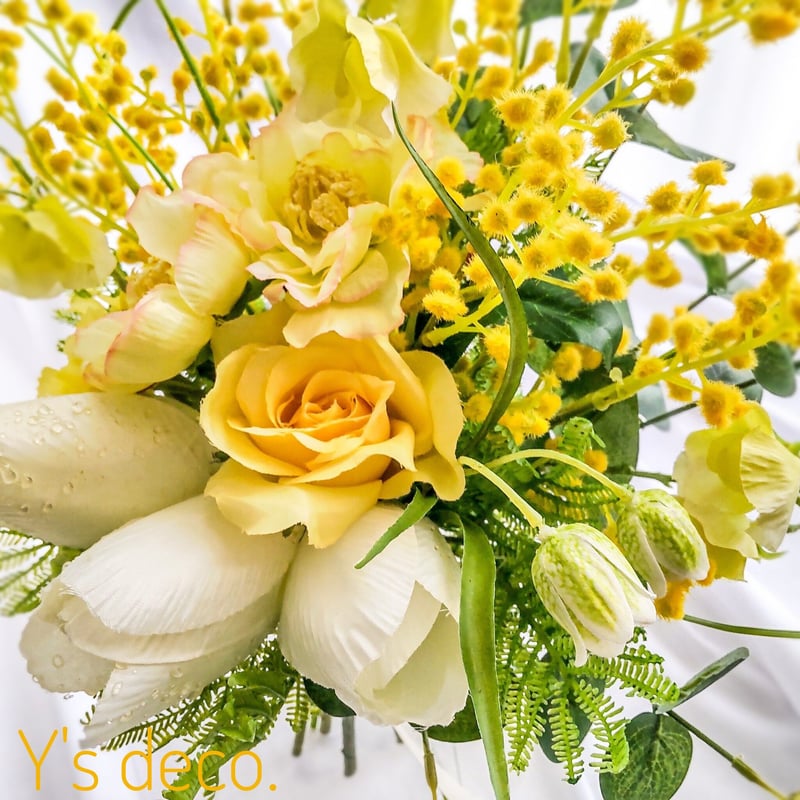 造花】ウエディングブーケミモザとチューリップ