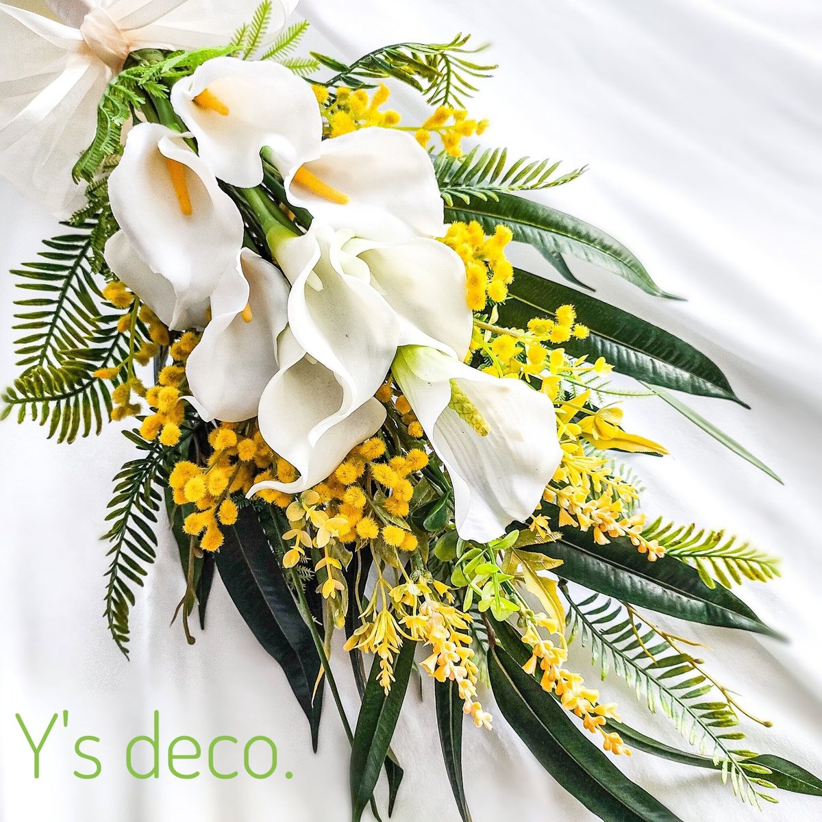 造花 ミモザ カラーのウェディングブーケ/生花に見える 高級造花