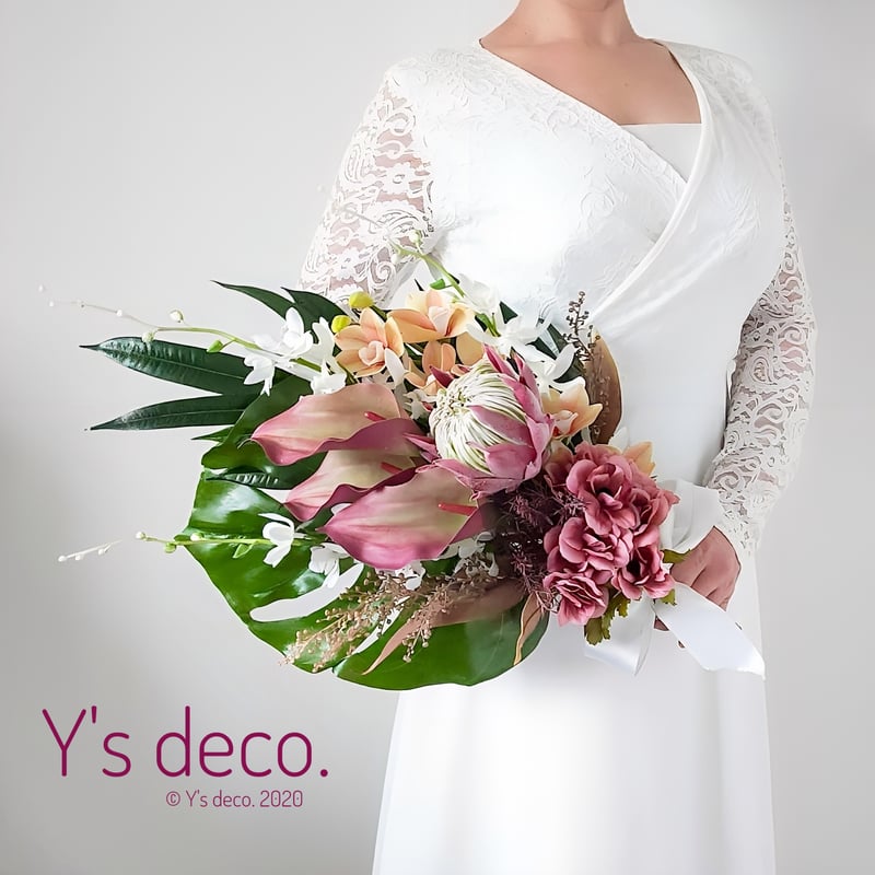 高級造花 ウェディングブーケ/くすみカラー プロテア 南国ブーケ