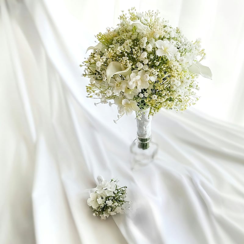 かすみ草　ブーケ　ブートニア　ウェディングブーケ　前撮り ウエディングブーケ かすみ草 成人式 結婚式 プリザーブド