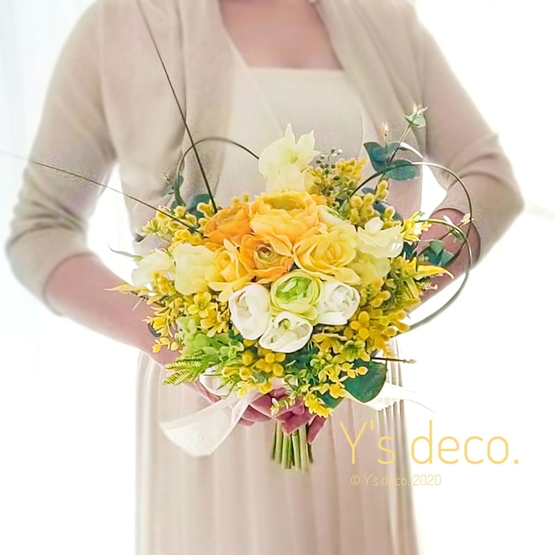 ドライフラワーと造花のブーケ　ウェディング　ミモザのブーケ 受注生産 】ミモザのブーケ | 造花ブーケ ウェディングブーケ