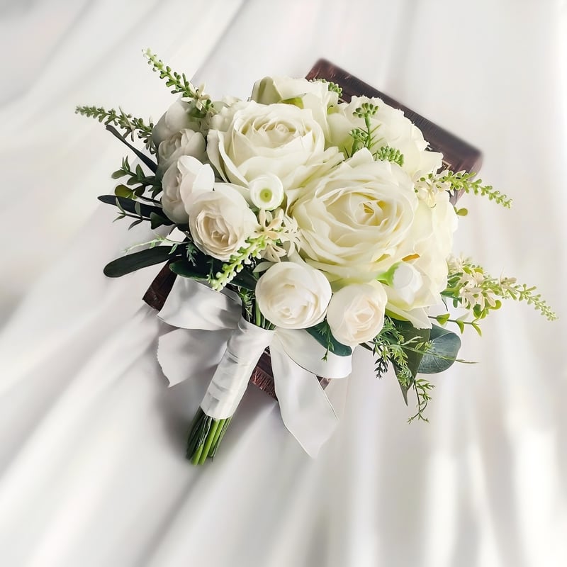 結婚式　造花 ブーケ　ホワイトローズ 生花に見える】ホワイトローズ ウェディングブーケ 白 クラッチ