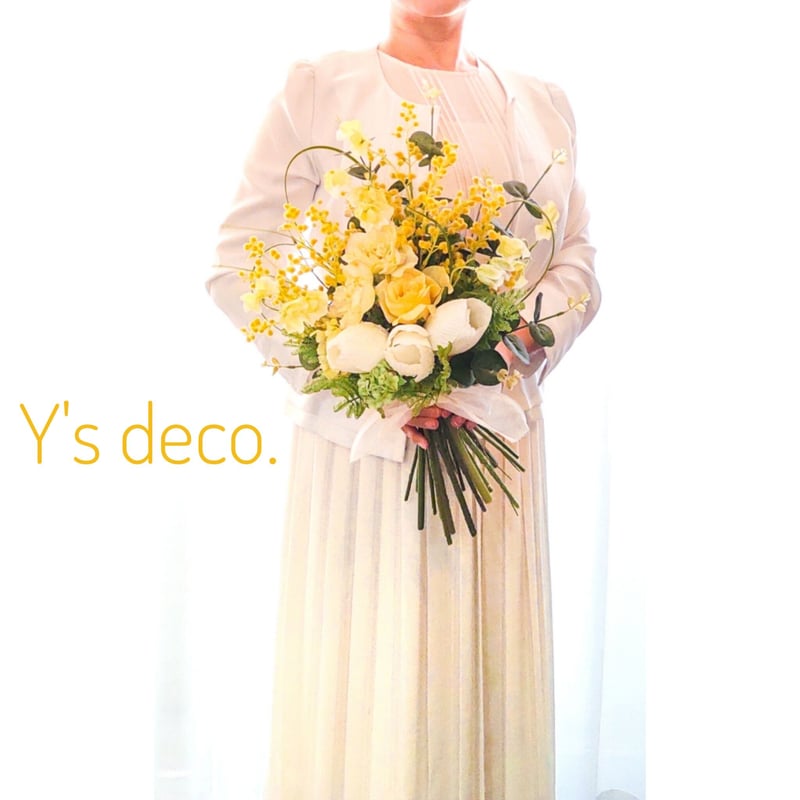 高級造花 ウェディングブーケ/ミモザ チューリップ パステル イエロー