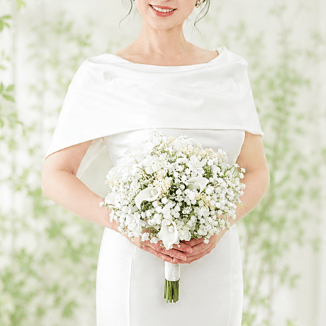 【生花に見える】かすみ草 カラー 小花のふわふわウェディングブーケ 白 ブートニア付 高級造花 プリザーブドフラワー クラッチブーケ