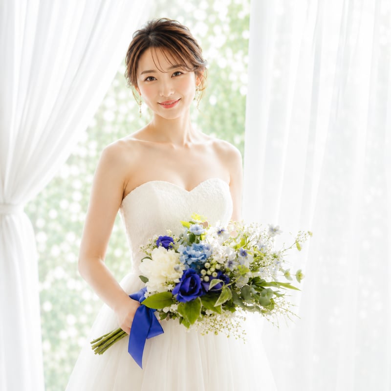 造花　ウェディンクフォト　青系 造花 ウェディングブーケ/青 紫陽花 ローズ バラ サムシングブルー