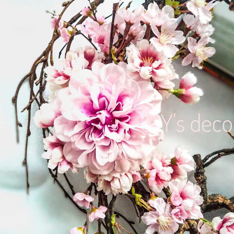 商品名【咲桜】ゆきこ♥ピンクローズと桜の花束風スワッグリース 春リース 春♪Cherry pink rose Flowers☆スワッグ♪【壁掛】（動画】造花