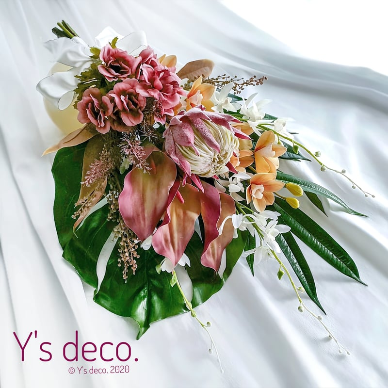 造花　南国ブーケ 高級造花 ウェディングブーケ/くすみカラー プロテア 南国ブーケ
