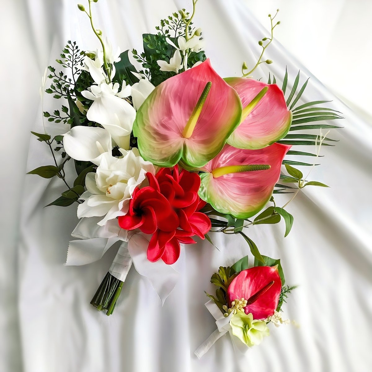 高級造花 カラーとアンスリウムのブーケ 生花に見える】高級造花 南国 アンスリウム プルメリア カラー 造花