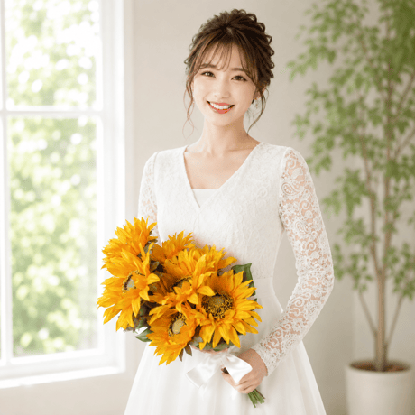 【生花に見える】/ひまわりのウェディングブーケ 高級造花  アーティフィシャルフラワー 向日葵のクラッチブーケ ブートニア付  造花ブーケヒマワリ