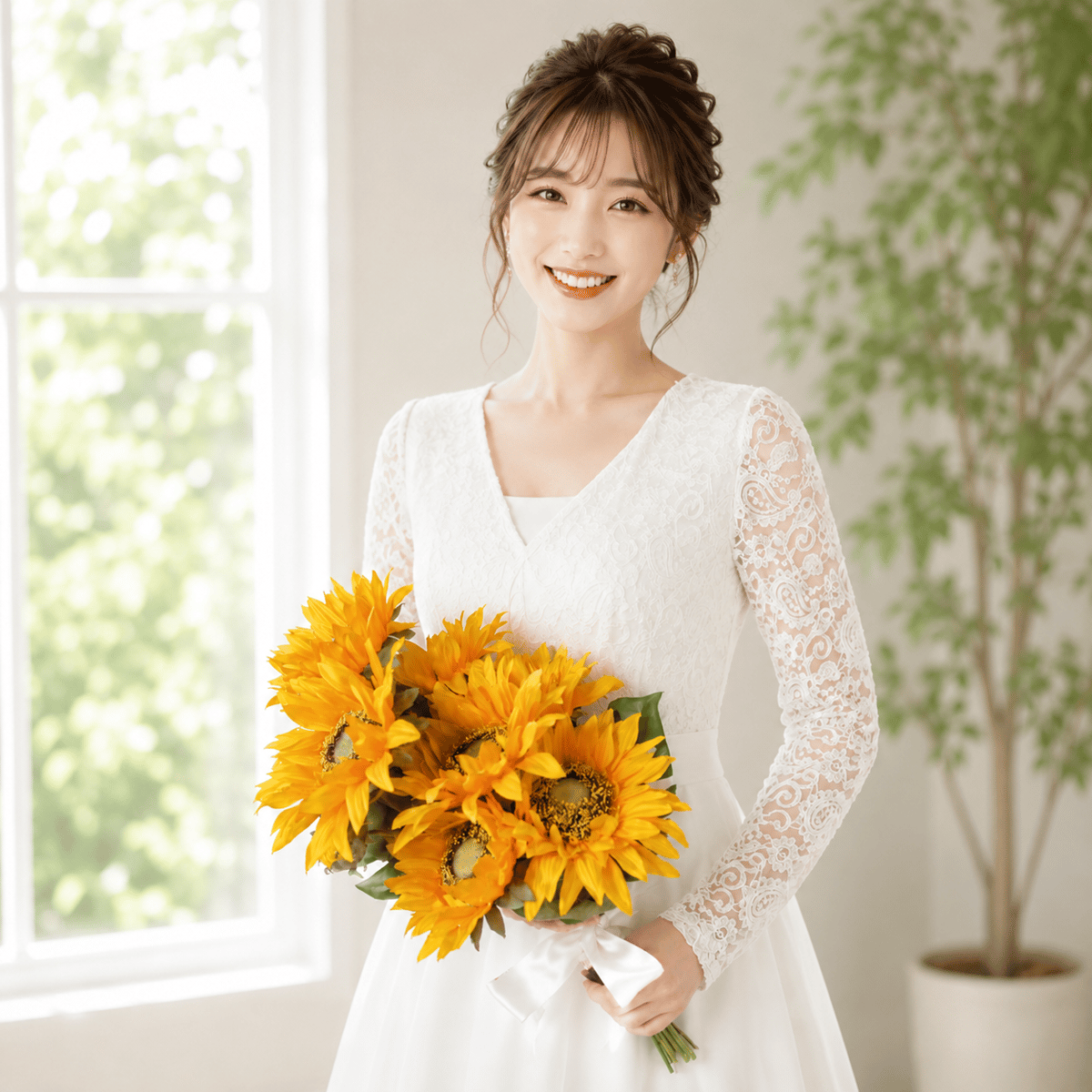アーティフィシャルフラワーウサギ＆ヒマワリ 高級造花の花束 ♫ 生花に見える】/ひまわりのウェディングブーケ 高級造花 アーティ