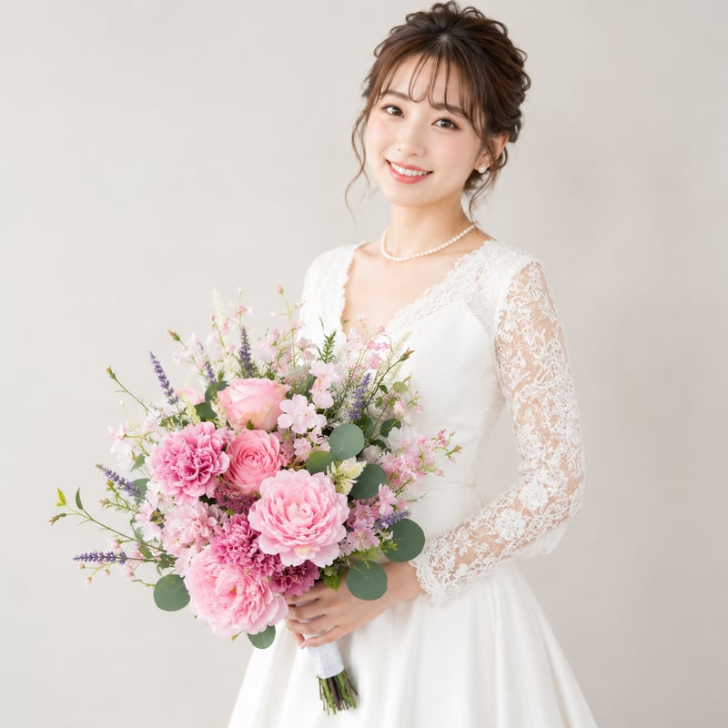 生花に見える/】桜 ピオニー ローズ ピンクの ウェディングブーケ 高級