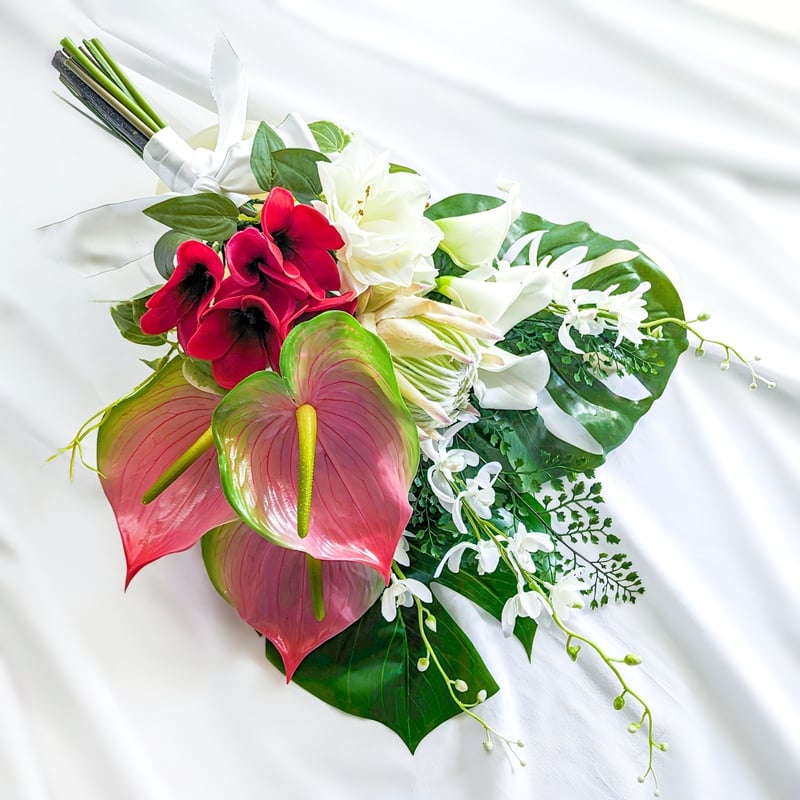 【ウェディングブーケ】南国風 リゾート前撮り 高級造花 アーティシャルフラワー 高級造花 ウェディングブーケ/ カラー アンスリウム プルメリア