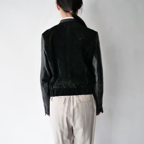 real leather+suede no collar zip up jacket/ladies'