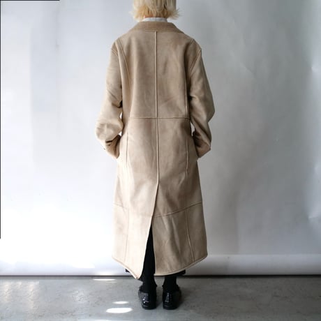fake mouton×boa open collar long coat