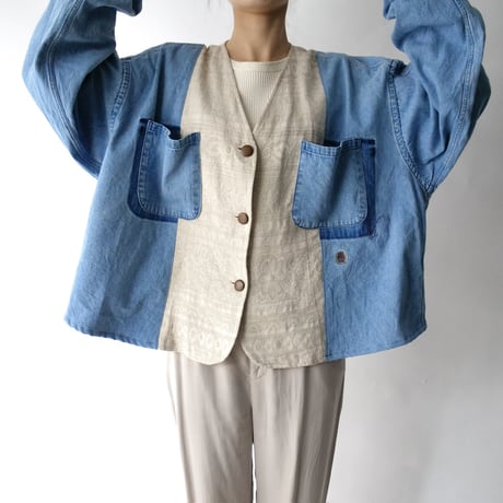 【Original Remake】cotton vest×soft denim shirt docking jacket/unisex