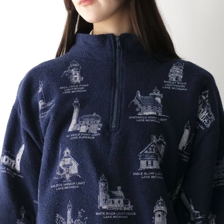 made in USA lighthouse pattern half zip up tops/unisex