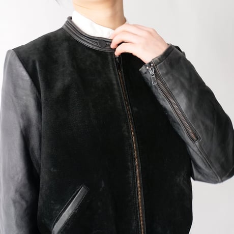 real leather+suede no collar zip up jacket/ladies'