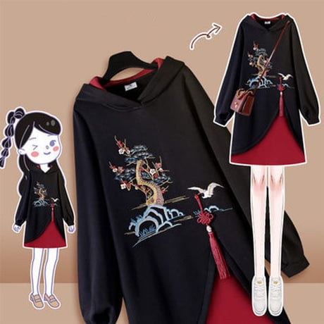 OnePiece フロント刺繍ロング丈コットンパーカー 648